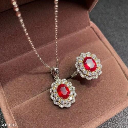 KJJEAXCMY boutique jewelry 925 sterling silver natural ruby girls ring necklace pendant set of 2 white gold support detection