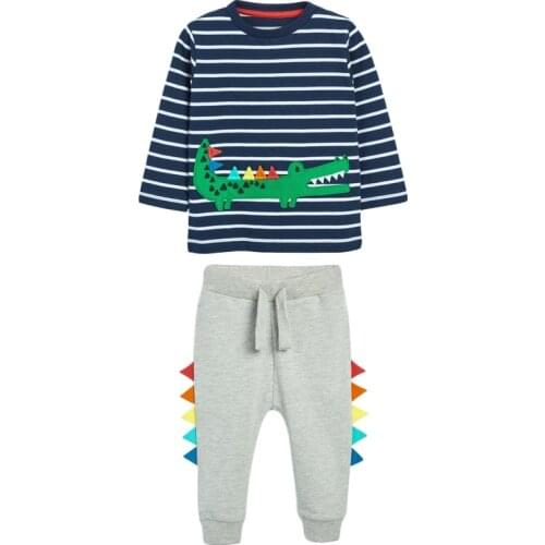 Kids 2021 Autumn Children Fall Clothes for Toddler Boy Striped Crocodile Set Animal Long Sleeve Tops + Gray Animal Design Pants