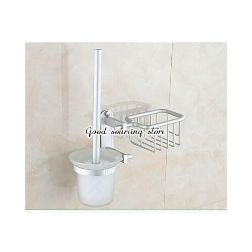Space aluminum muti-function toilet brush holder with basket shelf