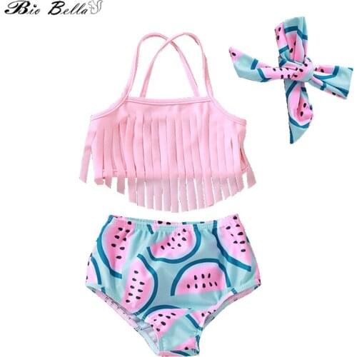 3PCS Baby Girls Swimwear Summer Toddler Tassels Strap Tops+Shorts+Hairband Swimsuit Beachwear Bathing Swimming Costume Suit