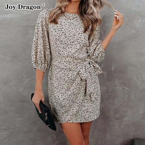 Summer Womens Casual Mini Dress 2021 Fashion Elegant Printed Round Neck Midi Sleeve Strappy Sexy Dresses Ladies Evening Clothing