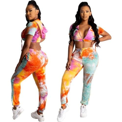Summer Multicolor Print Tracksuit Fashion Sports Two-piece Set Elastic Waist Gym Suit Short Sleeve Sportswear Women Slim Outfits