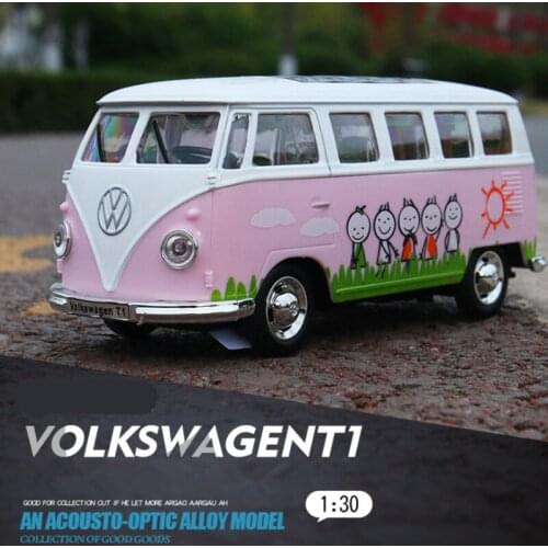 1/30 Volkswagens T1 Alloy BUS Car Model Diecasts Metal Toy Vehicles BUS Model Collection Sound Light Lovely Car Childrens Gift