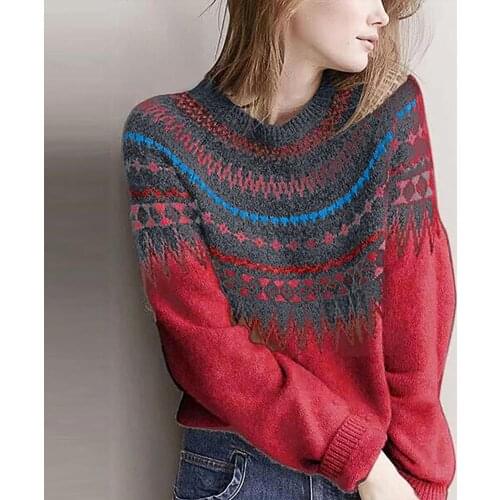 Fashion Womens Spring Ethnic Style Sweater Patchwork O-Neck Long Sleeves Knitted Sweater Fashion casual Pretty sweater