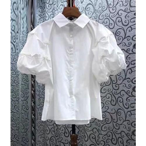 Fashion Design Puff Sleeved Women White Shirts Summer New 2021 Turn-Down Collar Solid Elegant Office Lady Outwear Coats Tops