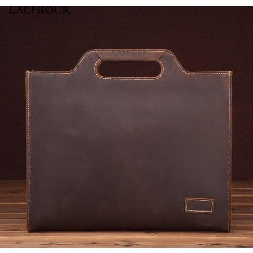 LACHIOUR Men Business Crazy Horse Leather Handbag Large Retro Male Totes Bag Mens Travel Laptop Bag Business Briefcases