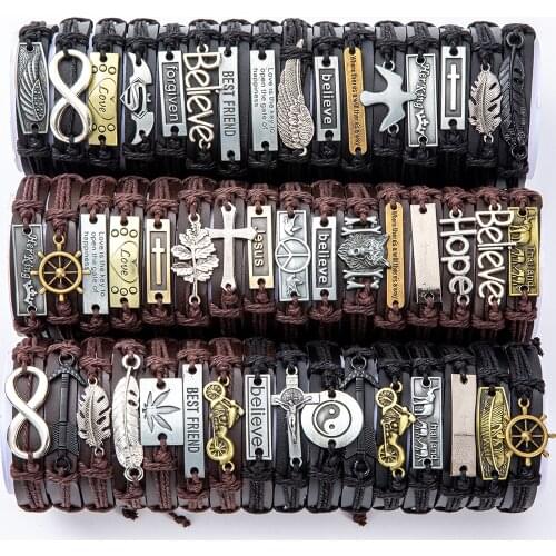 40 Style Vintage 2021 Leather Bracelets for Men Punk Black Brown Single layer Mens Stackable Bracelet Bangles Adjustable Jewelr