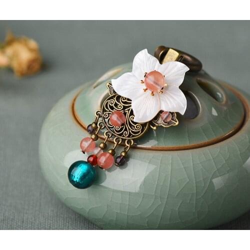 Mywiny Wuduo Jewelry Hand Carved Shell Flower Step Rocking Hairpin Color Glass Pendant Hair Ornament Banger Duckbill Clip Female