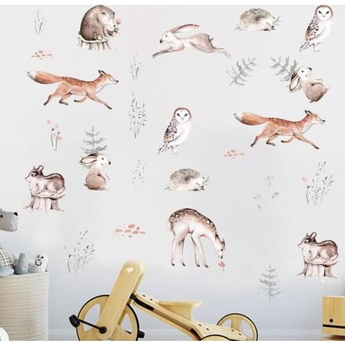 Forest Animals Wall Sticker Cartoon Fox Rabbit Sika Deer Owl Wallpaper For Childrens Room Kids Living Room Creative Wall Mural