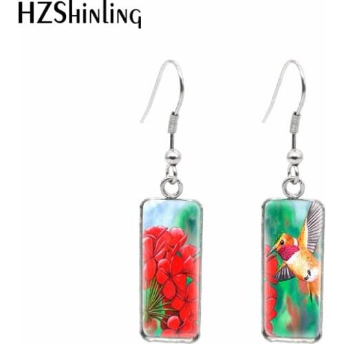 2021 New Red Geranium Rectangular Earring Flower Painting Fish Hook Earrings Glass Cabochon Handmade Jewelry