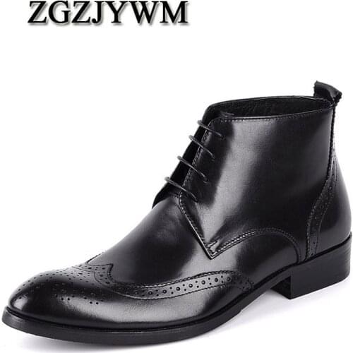 ZGZJYWM New Cowhide Boots Genuine Soft Leather Black/Red Pointed Toe Breathable Bullock Patterns Oxford Dress For Men Boots