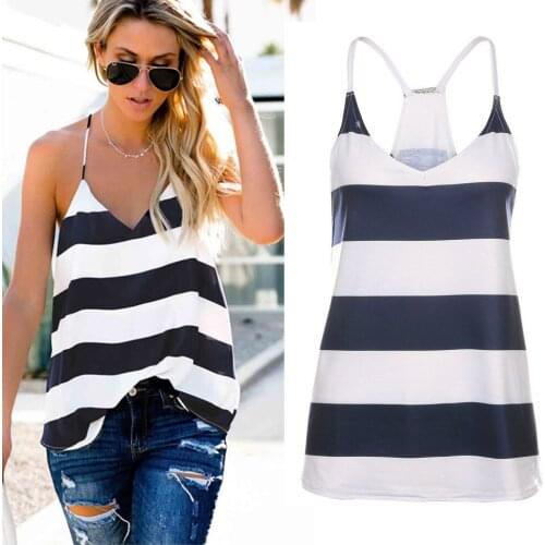 Newest Arrival Womens Striped Loose Vest Sleeveless Deep V-neck Spaghetti Strap Tank Tops for Summer Wear