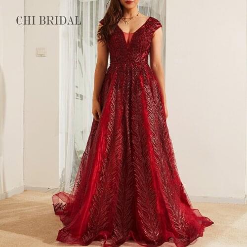 New Vintage Red V-Neck Perspective Dress Shoulder Sleeves Multi-Layer Mesh Evening Dress Beading Decoration Design Actual Image