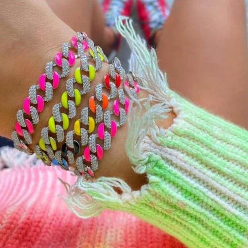 Wholesale Hiphop Iced Out Bling 5A CZ Bracelet Jewelry Micro Pave Zircon Neon Enamel Colorful 8mm Cuban Link Chain For Women