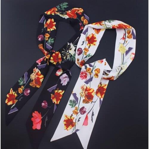 POBING 2018 Floral Print Women Silk Scarf Twill Head Scarf Brand Tie Handle Bag Ribbons Small Long Scarves Small Hijab 130*7CM