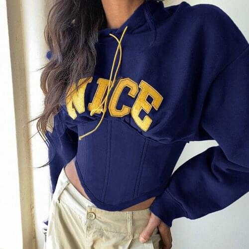 Casual College Style Strappy Cotton Hooded Tops Women Chic Lrregular Cut loose Streetwear Fall Patchwork Warm Pullover