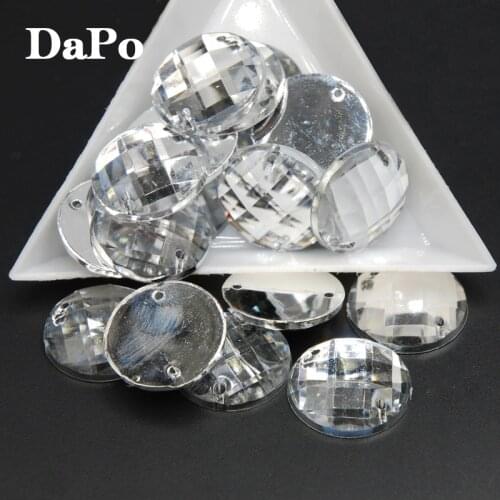 Clear Crystal Acrylic Flat Back Round Grids Shape Acrylic Rhinestone Sew On 2 Hole Beads For Wedding Dress Garment Bag 6mm-18mm