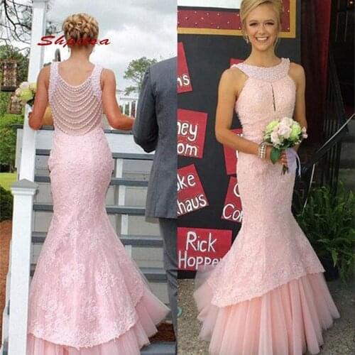 Pink Long Lace Mermaid Evening Dresses Party Plus Size Ladies Women Sexy Prom Formal Dresses Evening Gown