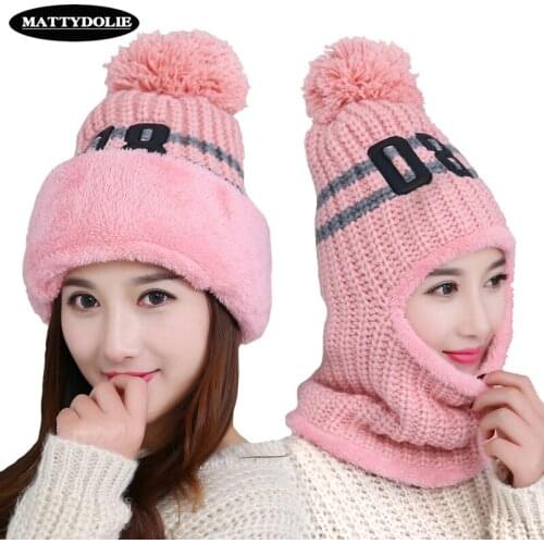 MATTYDOLIE 08 Hat Women Winter Warm Knit Hat Plus Velvet Thicken Conjoined Masked Head Cap Earmuffs Anti-snow Bike Cap Men