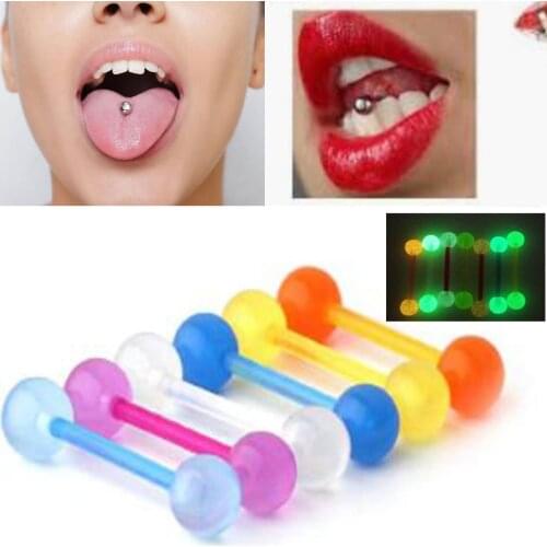 JUNLOWPY 1pcs Plastic Tongue Piercing Barbell Bars Flexible Bioplast UV Glow In Dark Ear Cartilage Industrial Nipple Shiled