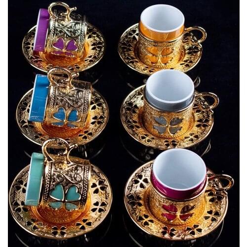 Turkish Coffee Espresso Cups Set with Saucers Porcelain Arabic Ottoman Vintage Gold Decorative Moroccan Cup Holder with for Serv