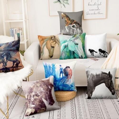 Home Pillow Decoration Steed Animal Thin Linen Printed Pillowcase War Horses Art Cushion Decorative Pillow Home Decor Sofa Throw