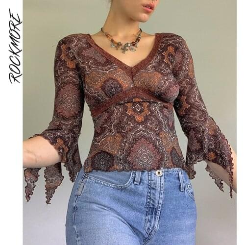 Rockmore Lace Mesh Crop Top y2k Vintage Frill Print T Shirt Women Autumn V Neck Slim Pullovers Harajuku Tshirt Grunge Clothes