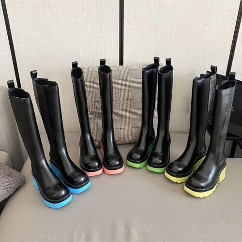 Autumn Woman Chelsea Boots Girls Soft Black Shoes Women Thick High Heels Ladies Knee High Boots Female Brand Motorcycle Boots