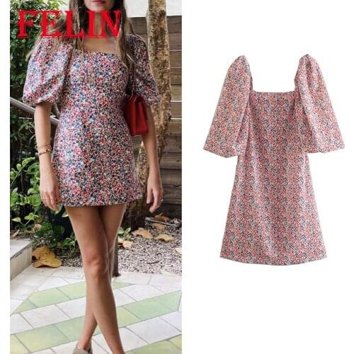 Women Chic Floral Elegant Party Mini Dress Za 2021 Summer Short Puff Sleeve Straight Square Collar Dress Vintage Mujer Vestidos