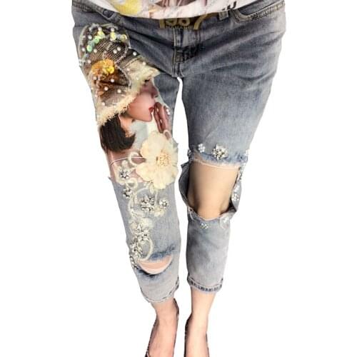 Floral Jeans women skinny fashion Denim Pants 2019 Jeans Women Trousers Pockets Bottom plus size Ankle-Length Pants