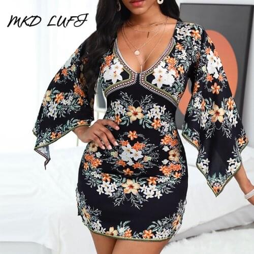 Floral Print Cape Sleeve Bodycon Dress for Women Dropshipping