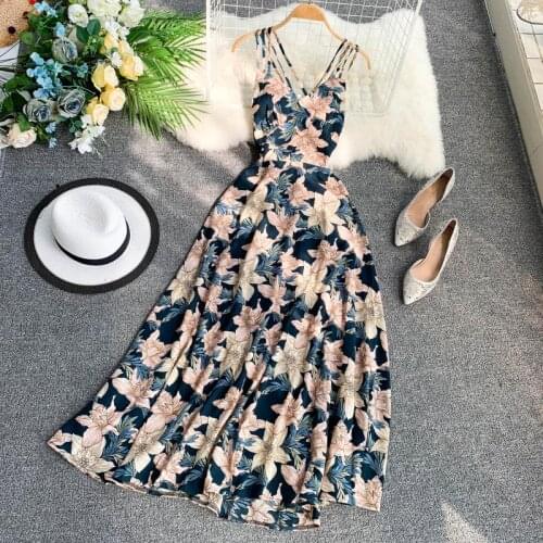 Womens summer flower print backless shoulder-straps dress ladys sleeveless sunscreen long beach vacation Bohemia dress TB1066