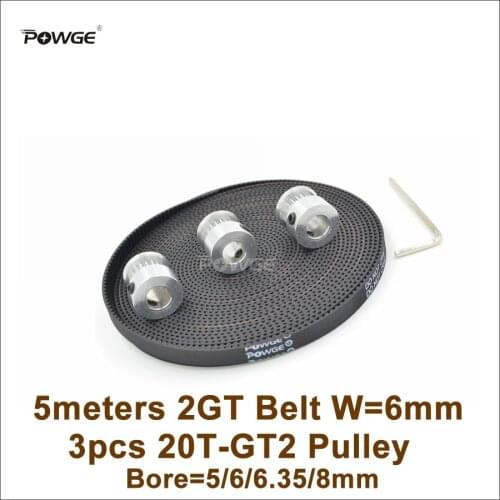 POWGE 3pcs 20 Teeth GT2 Timing Pulley Bore 5/6/6.35/8mm +5M GT2 Timing Belt Width 6mm 20Teeth 20T 2GT Pulley 3D Printer Parts