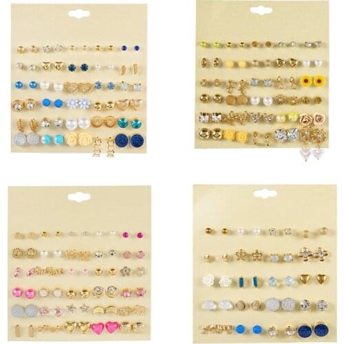 9-30Pairs Womens Stud Earrings Crystal Pearl Earrings Set Gold Silver Color Geometric Small Flower Heart Earrings Boho Jewelry