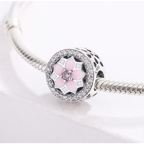 925 Sterling Silver Pink Zirconia Enamel Cherry Blossom Pendant Charm Bracelet DIY Jewelry Making For Original Pandora