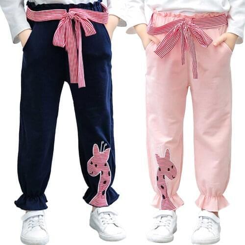 Kids Girls Ruffle Solid Ruched Cotton Cartoon Embroidery Pants Autumn Spring Casual Clothing Toddler Children Harem Pants 1-10Y