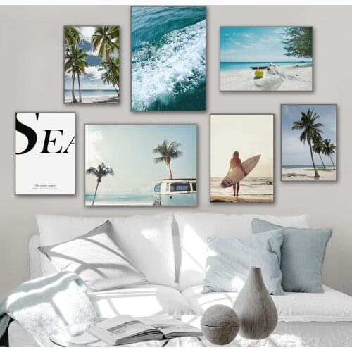 Girl Surfboard Sea Beach Palm Tree Wall Art Canvas Painting Nordic Posters And Prints Wall Pictures For Living Room Home Decor
