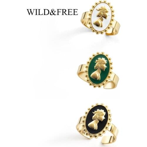 Wild&Free Adjustable Gold Finger Rings For Women Stainless Steel Oval Portrait Black White Green Enamel Rings Vintage Jewelry