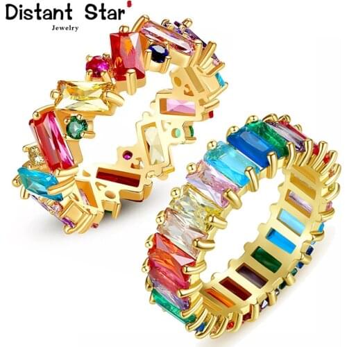 Square Design Gold Color Rings Baguette Ring For Women Men party gift charm Multicolor CZ Finger Rainbow Zircon HIp hop Jewelry