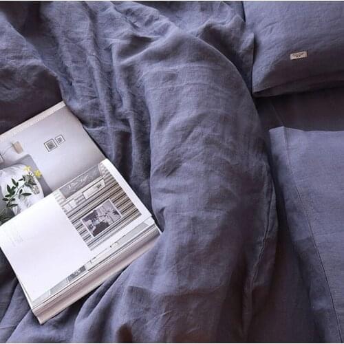 Set of 4 Pre stone washed 100% Organic Hemp Smoke Blue bedding set duvet cover sealed with shell + 2 pillowcases + fitted sheet