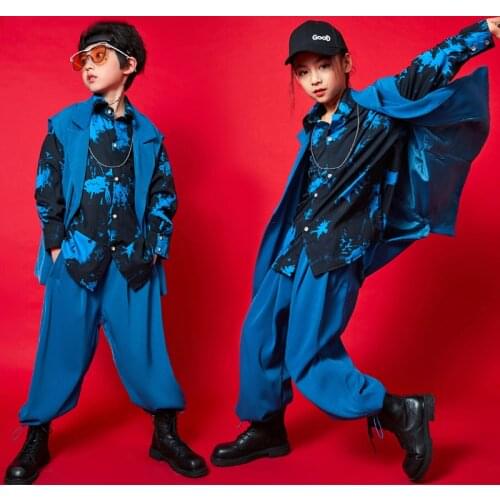 Hip Hop Dance Costumes Suits Vest Coat Blue Pants For Girls Boys Street Jazz Dancewear Loose Kids Catwalk Stage Outfit BL5415