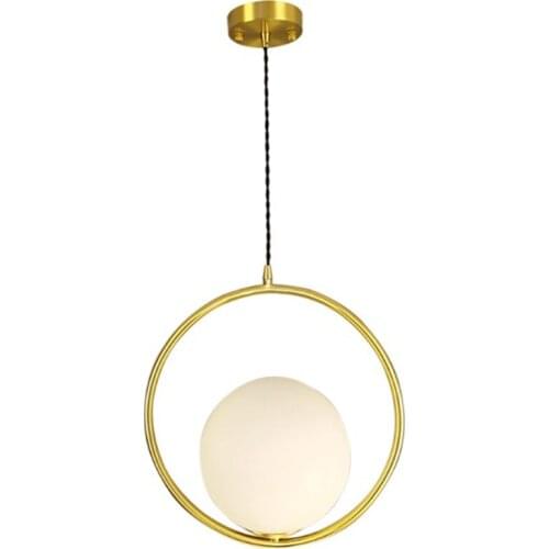 Nordic single-head white glass ball round copper ring pendant light simple modern restaurant bar dining room table hanging lamp