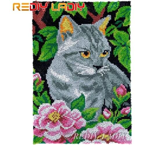 Latch Hook Kits Cat with Flowers Chunky Yarn Embroidery Crochet Tapestry Kits Needlework Arts & Crafts DIY Carpet Rug 58*87cm