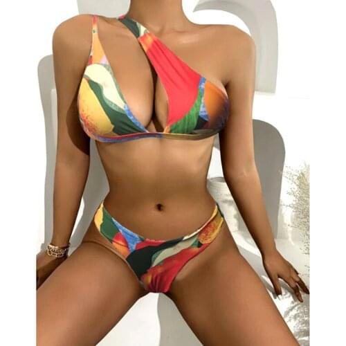 Sexy Colorful Print Swimwear Women One Shoulder Bikini Mujer 2021 Hollow Out Swimsuit Push Up 2 Pieces Swimming Suit For Women