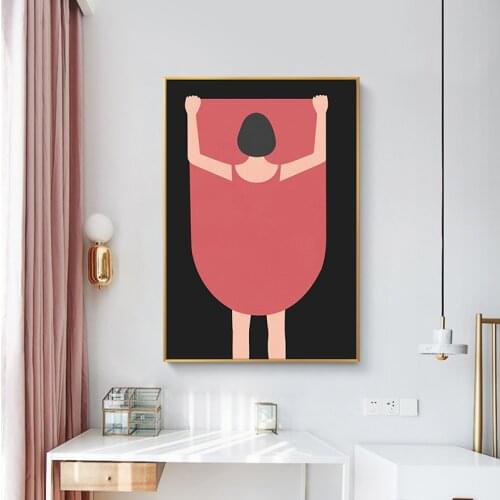 Lovely Pink Dress Shy Girl Wall Art Poster and Print Nordic Minimalism Line Canvas Painting Cuadros for Living Room Home Decor