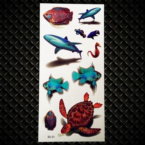 New Popular Waterproof 3D Tattoo Turtle Shark Sea Horse Fish Design Men Women Vivid Body Art Flash Temporary Tattoo Sticker GD31