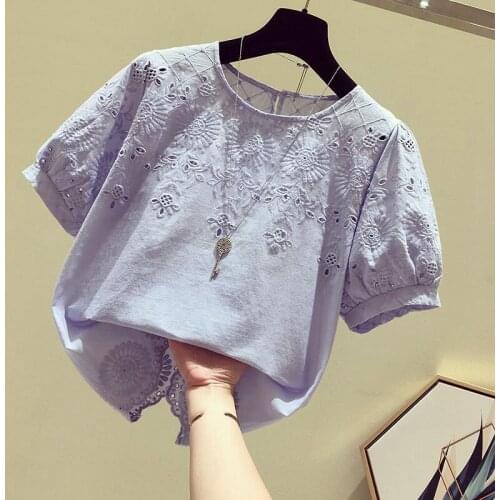 Solid Hollow Out Cotton Women T-Shirts Summer New O-Neck Embroidery Female Pulls Outwear Tops Tees