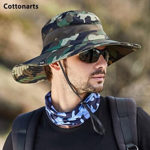 Mens Camouflage Fishing Cap Fashion Breathable Mesh Wide Brim Sun Hat Outdoors Travel UV Protection Bonnie Hat Women Bucket Hat