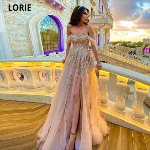 LORIE 2021 Champagne A Line Tulle Prom Dresses Sexy Off Shoulder Gold Lace Applique Slit Evening Gowns Long Party Dress