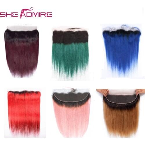 She Admire 13x4 Brazilian Straight Ombre Human Hair Pre Plucked Lace Frontal Pre Colored 1B/99J/30/Green/Red/Pink/Blue Remy